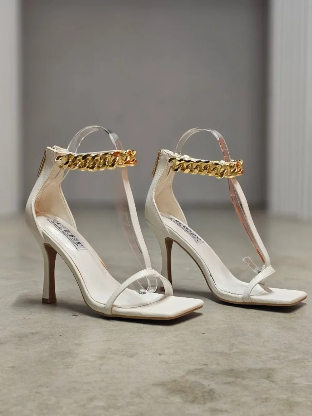 Gold Chain Ankle Strap White High Heel Sandals With Square Toe Stiletto Heel Chi